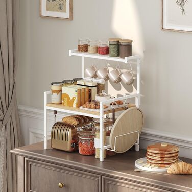 Поличка для мікрохвильової печі, кухонна поличка, 2 яруси, з підставкою для обробної дошки, органайзер з 8 гачками, коричнева, ABRBN5301