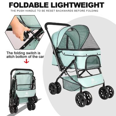 Візок для собак Wedyvko до 20 кг, 4 колеса, складаний, для маленьких та середніх собак та котів, з кошиком для зберігання та тримачем для напоїв (зелений)