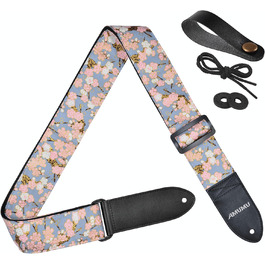 Гітарний ремінь Amumu з бавовни з вишивкою троянд та шкіряними кінцями для бас, електро та акустичної гітари, з фіксатором та блоками для ременя (Цвітіння сливи)