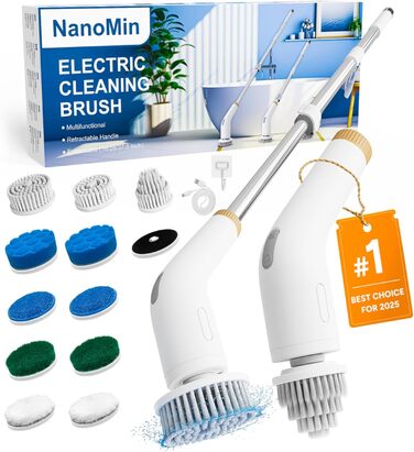 13-in-1 Electric Cleaning Brush with Extension Handle, Bathroom Accessory Set with 11 Interchangeable Brushes for Toilet, Bathtub, Kitchen, Floor (Ivory White)