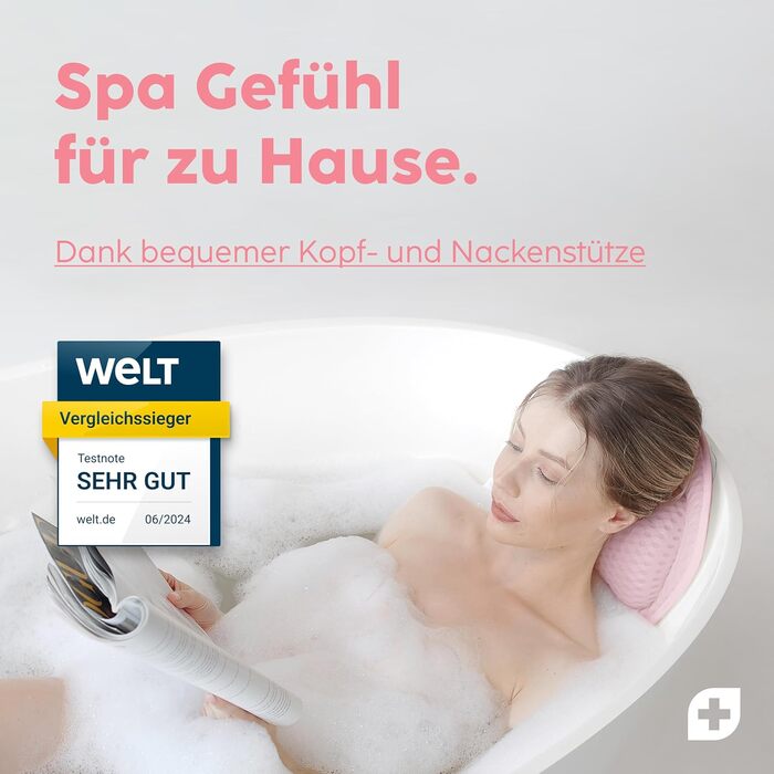Vesta+ L Bath Pillow with Suction Cups - Test Winner - Neck & Back Support for Bathtub - Non-Slip Bath Cushion for Bathtub & Shower (Pink)