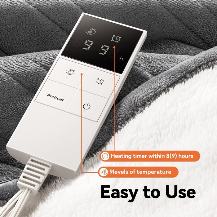 Електрична ковдра з підігрівом, 9 зон нагріву, таймер 1-9 годин з функцією пам'яті, швидкий нагрів, рівномірний розподіл тепла, двостороння фланель та штучне хутро, 160x120 см (для 1 особи/дивану) / 200x180 см (для 2 осіб/двоспального ліжка)