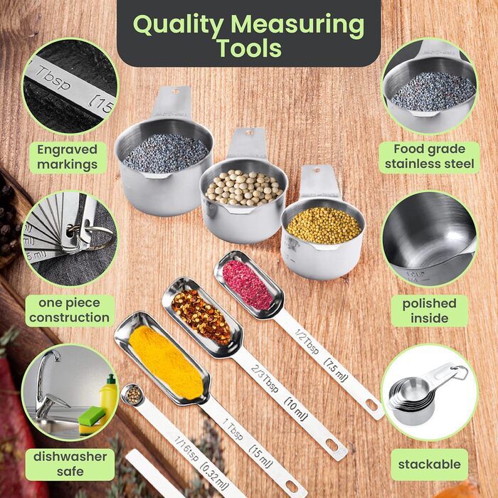 Durable Measuring Spoons, Stainless Steel and Stainless Steel, Measuring Cup Set – 17-Piece Nesting Kitchen Measuring Set with Engraved Markings