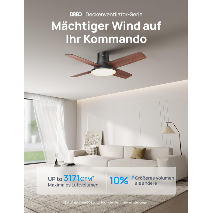 Стеляний вентилятор Dreo з підсвічуванням та пультом керування, 112 см (44 дюйми), плоский, чорний, реверсивний, 5 лопатей, 6 рівнів регулювання яскравості, 6 швидкостей, тихий, з таймером, легка установка для спальні