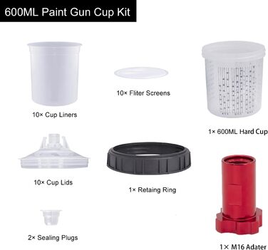 Spray Gun Mixing Cup, Lid and Liner System with 10 Mixing Cups, 10 Lids, 10 Filters, 1 Hard Cup with Retainer Ring, 2 Plugs, 1 Adapter M16x1.5 (600ML)