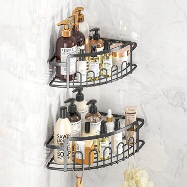 ACMETOP Shower Shelf No Drilling 2-Pack, SUS304 Stainless Steel Bathroom Organizer Corner Shelf, Bathroom Shelf with 10 Hooks and 6 Adhesives, Shower Shelf, Shower Basket for Bathroom Kitchen (Black)