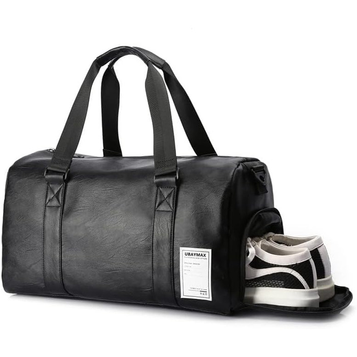 UBAYMAX Leather Sports Bag for Men, Travel Bag with Shoe Compartment and Wet Compartment, 37L Weekender Bag Carry-on Bag Training Bag Fitness Bag, Gym Bag Black