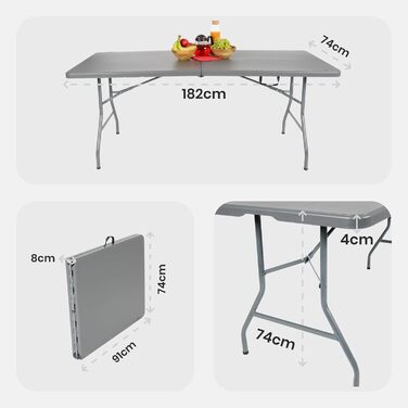 Складаний садовий стіл Arebos Buffettisch 182x74x74 см, антрацит | для 8 осіб | з ручкою для перенесення | для саду, тераси, балкону