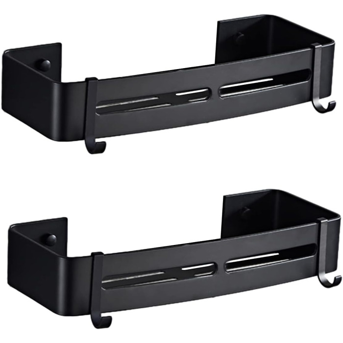 Nchdewui Shower Shelf, 2-Pack, Shower Rack with 2 Hooks for Bathroom, Kitchen, Toilet, Aluminum, Matte Black 2 Black
