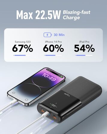 Power Bank VIYISI 30000mAh з LED дисплеєм, 20W PD, 4 виходи та 3 входи, сумісний з iPhone/iPad/Samsung/Huawei, чорний