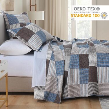Набір постільної білизни Finlonte Queen-Size: ковдра та підковдра, 100% бавовна, в клітинку, стиль фермерський дім, сучасний, двосторонній, легкий, м'який, блакитно-коричневий, степна ковдра, для ліжка Queen (90'x98')