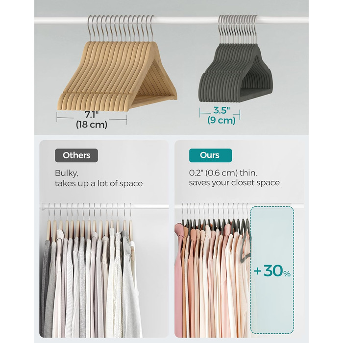 SONGMICS Плечики для одягу з оксамиту, 20 шт., для сорочок, жакеток, костюмів, 41.5 см, обертовий гачок, сірий