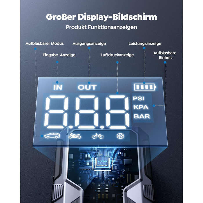 Powerbank Starthilfe UTRAI для автомобіля: 4500A, компресор 150PSI, швидка зарядка 18W, ліхтар, запуск двигуна до 8.5L бензину/6.5L дизеля