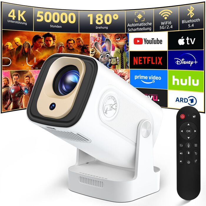 Beautiebeam Beamer: Міні проєктор Full HD 1080P/4K з автотрапецеїдною корекцією, Android 11, Bluetooth 5.0, WiFi 2.4/5G, 180° обертання для дому та на вулицю