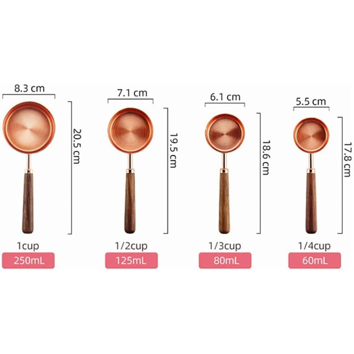 FBHappiness 4-Piece Stainless Steel Measuring Spoon Set with Walnut Handle, Copper Measuring Cup Set for Baking and Cooking