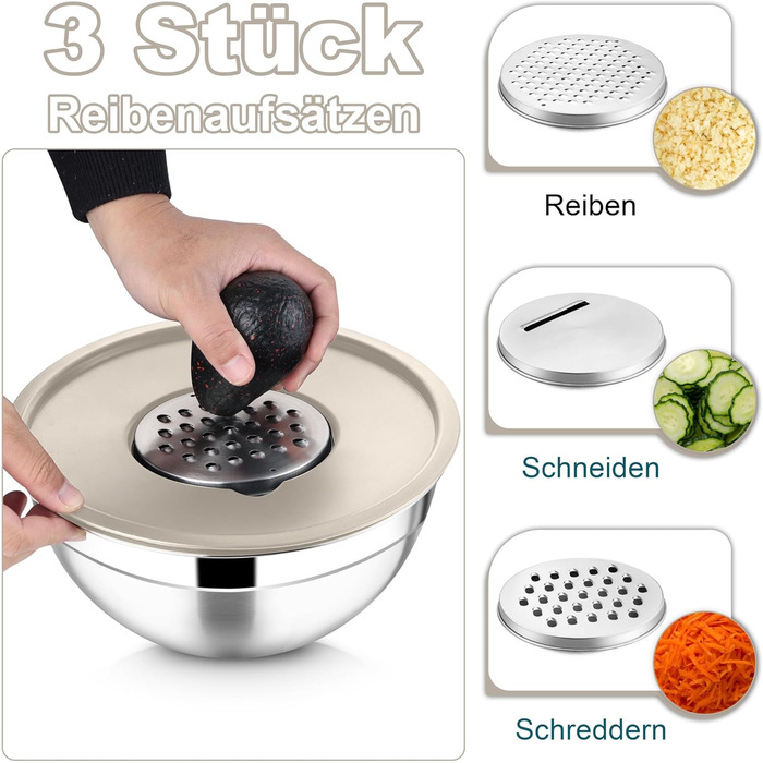 Миска Joyfair 4,5 л з нержавіючої сталі з кришкою, набором терок для приготування, миття в посудомийній машині - Хакі