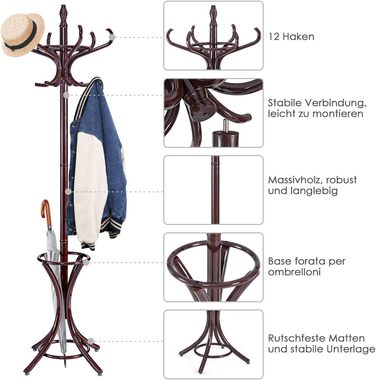 GIANTEX Coat Rack with Umbrella Stand, Clothes Rack Wood with 12 Clothes Hooks, Wooden Coat Tree Freestanding, Standing Coat Rack for Entryway Living Room (White) (Brown)