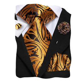 Чоловічий краватковий комплект Hi-Tie: краватка, нагрудна хустинка, затискач для краватки, запонки, шовкова тканина, чорний/золотий візерунок павліній, для вечірки, весілля