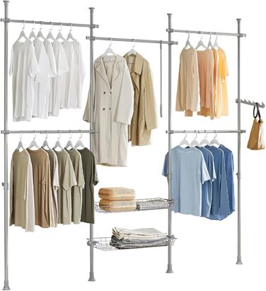 SoBuy KLS04-SCH Telescopic Clothes Rail with 5 Clothes Rails and 2 Baskets Telescopic Wardrobe System Adjustable Shelf System B (209-311) x H (200-285) cm (Light Grey)