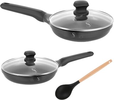 Набір сковорідок Stone&Stone (4 шт.): 20, 24, 28, 32 см | Антипригарне покриття, індукція, газ | Алюміній, сталь, німецьке покриття, без PFAS | + 4 кришки, 4 аксесуари