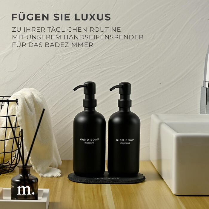 MaisoNovo Soap Dispenser Set - Soap Dispenser Kitchen - 500 ml Amber Bottles, Black Pumps, Glass Pump Dispenser, Soap Dispenser Set, 2-Piece Set and Concrete Tray - Dish Soap Dispenser Kitchen (Black Glass / Black Pump + Slate Tray)