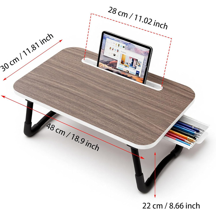 Стіл для ноутбука в ліжко, Laptoptisch для роботи та відпочинку, регульований піднос для ноутбука (48x30 см, коричневий)