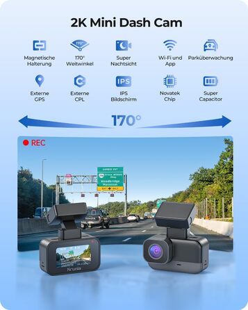 Відеореєстратор Krunia 2K WiFi Mini Dashcam Auto з GPS, CPL, WDR, Нічне Бачення, 24/7, Магнітне кріплення, Superkondensator, 170° Широкий Кут