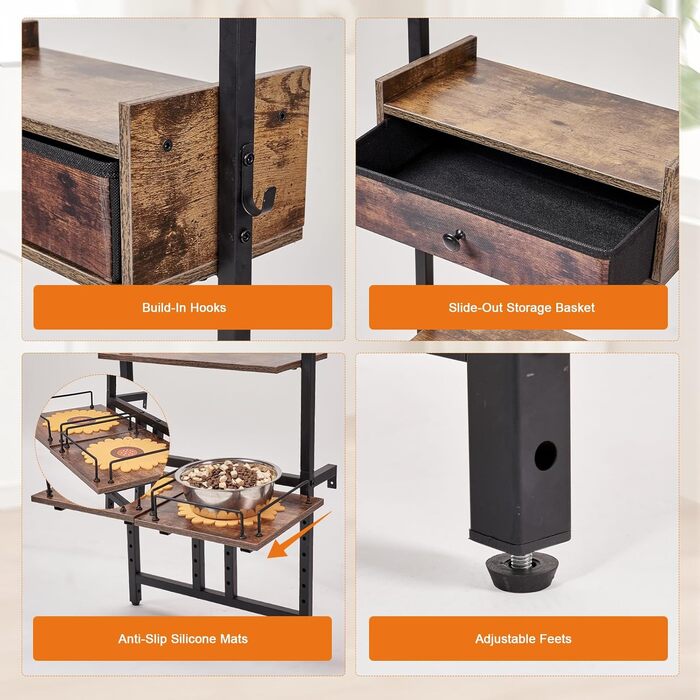 Підвищена годівниця для собак з місцем для зберігання та двома антиковзними килимками, для великих собак, регульована висота, настінний монтаж, колір вінтажний коричневий