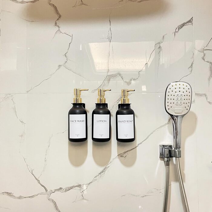 Набір дозаторів для мила та шампуню на стіну, 500 мл, 3 шт., без свердління, янтарний колір (чорна пляшка + золотий насос)