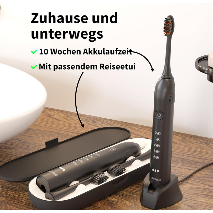 Zahnheld GERO G3 Електрична звукова зубна щітка з кейсом та насадкою | Відбілююча паста Natural White | 5 режимів чищення, тривала робота від акумулятора, чорний колір