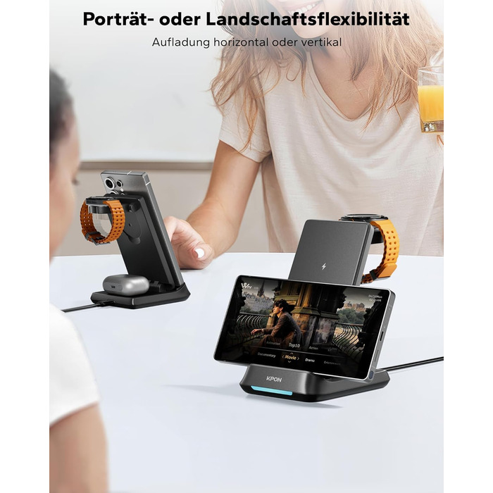 Бездротова зарядна станція 3-в-1 KPON для Samsung Galaxy Watch та смартфонів (S26/S25/S24/S23/S22/Z Flip/Fold, Buds) - Чорна, складна, індуктивне заряджання