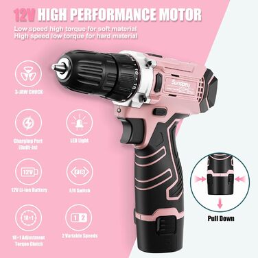 Набір інструментів Sundpey 206tlg з акумуляторною дрилем 12V для ремонту вдома та DIY, рожевий