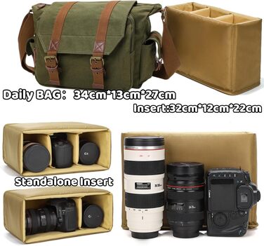 Сумка для фотоапарата DSLR з м'якою вставкою та ременем через плече Canvas у вінтажному стилі 34x13x27 см (Оливково-зелена)