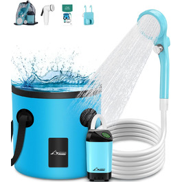 WADEO Portable Camping Shower Battery with Pump and Shower Bucket, Camping Shower with Rechargeable Battery, Mobile Shower Outdoor Showers with Shower Head, for Camping Trips, Garden, Hiking, Car Washing (Blue, with 20L Container)