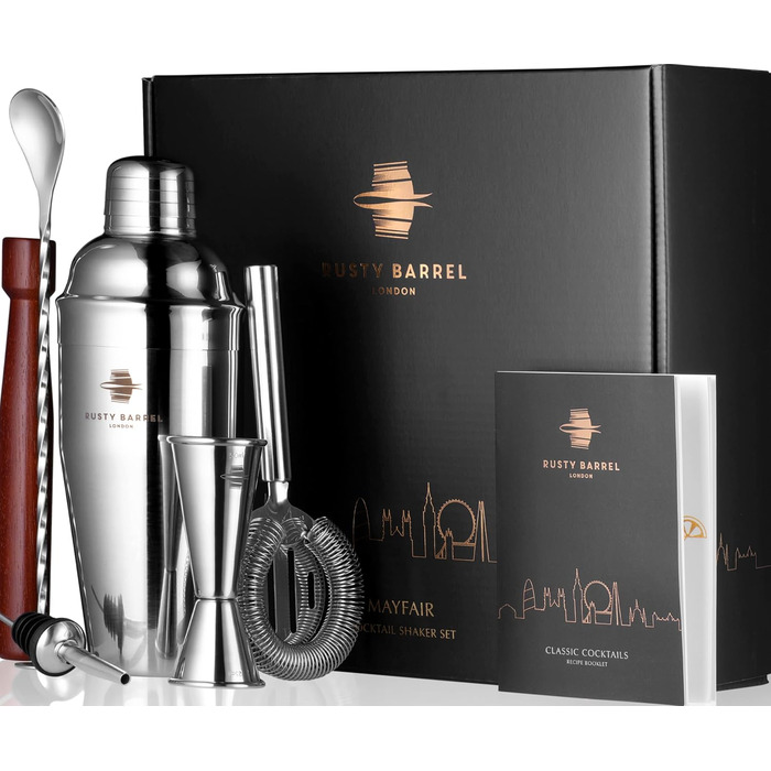 Rusty Barrel Mayfair Cocktail Set – Cocktail Shaker Set with Stainless Steel Cocktail Shaker and Cocktail Accessories | Cocktail Mix Set in a Luxurious Gift Box