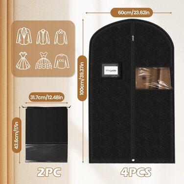 Чохли для одягу чоловічі 100x60 см, набір 4 шт. для костюмів, жакеток, сорочок + 2 мішечки для взуття. Дихаючі захисні чохли з блискавкою для подорожей та зберігання.