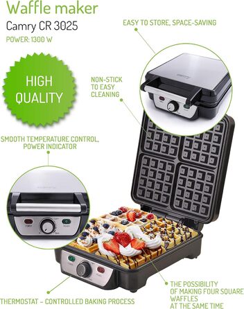 Adler Camry 4-Waffle Maker - 1500W Power, Adjustable Temperature, Black & Silver
