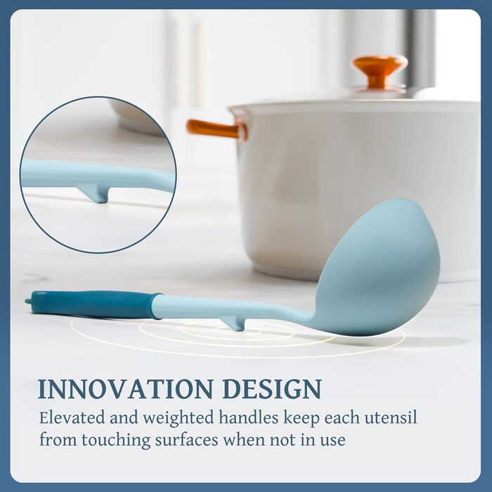 Набір кухонних аксесуарів Kikcoin 43 шт. – Силіконовий набір кухонних інструментів, безпечний для миття в посудомийній машині, лопатки для антипригарного посуду, стійкий до 230°C, кухонні помічники з підставкою, без BPA, колір: авокадо (блакитний)
