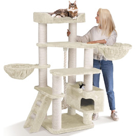 HAPPYPET Драбина для котів Якоб XXL - велика, стабільна, з сизалевими стовпами, товста платформа, для великих порід (кремовий)