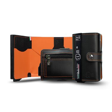 SLim жіноче та чоловіче портмоне/гаманець Smart Wallet з відділенням для монет та RFID захистом, Made in Italy (Чорний та Оранжевий)