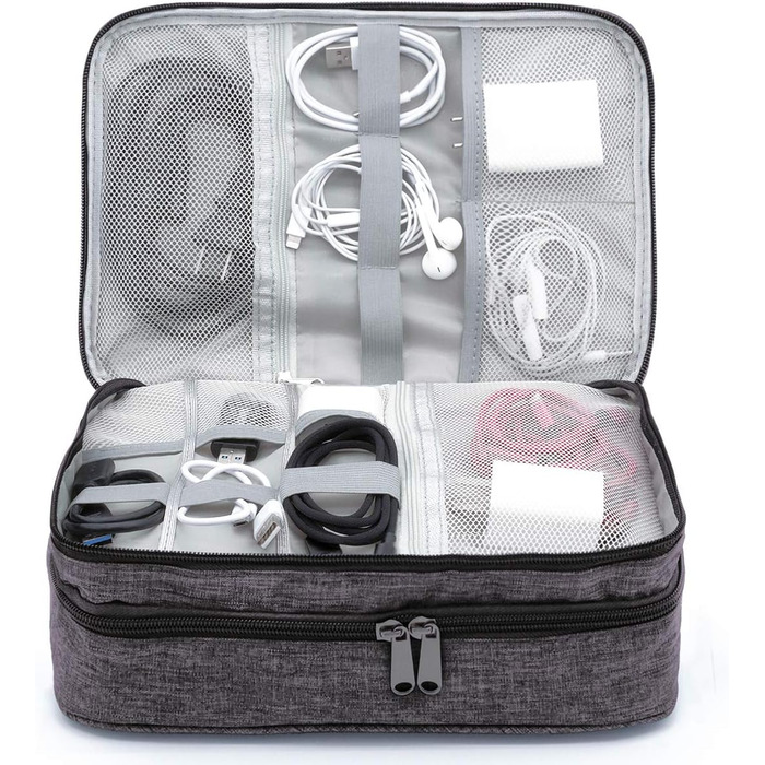 Водонепроникна сумка-органайзер для кабелів та електроніки Ruyosn. Двошарова сумка для кабелів, Power Bank та аксесуарів. Сіра, універсальний розмір.