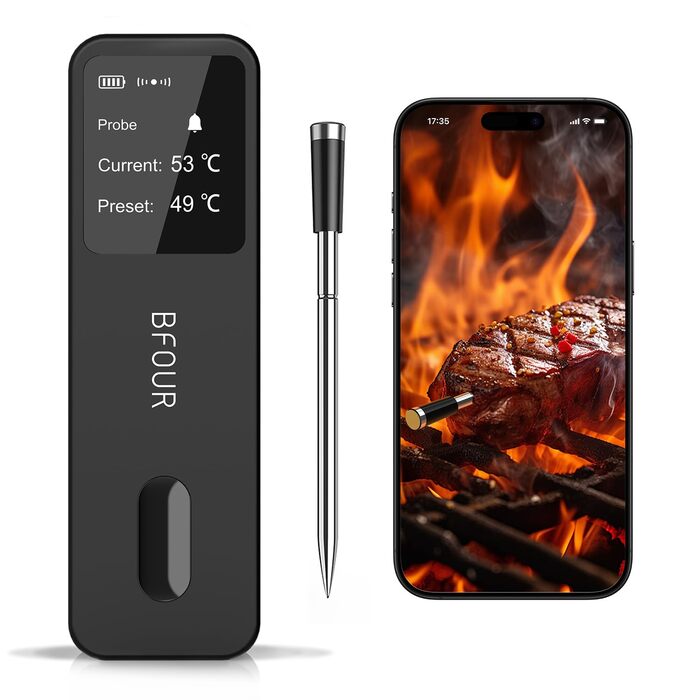 BFOUR Wireless Meat Thermometer Grill Thermometer Bluetooth with App, IP67 Waterproof Core Temperature Probe, Large Display Cooking Thermometer, App Control, for Grill, Oven, Rotisserie