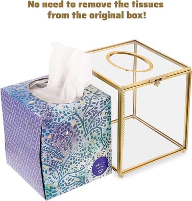 SUMNACON Glass Face Tissue Box Clear Gold Paper Box Holder, Square Napkin Box Storage Tissue Paper Box Organizer, Decorative Cube Tissue Box for Face Tissues, Napkin