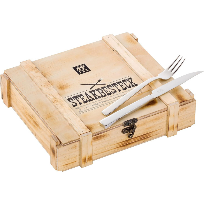 ZWILLING Steak Knife Set for 6 People, 12-Piece, 6 Steak Knives and 6 Steak Forks, Includes Wooden Storage Box, Stainless Steel / Wood, Silver