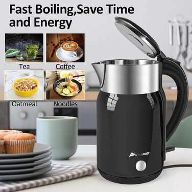 Navie Mobi Stainless Steel Electric Kettle - 1.8L, 2200W Fast Boil, BPA Free, Double Wall, Drip-Free, Auto Shutoff, Quiet & Cordless, SGS Certified, Turquoise Green (Black)