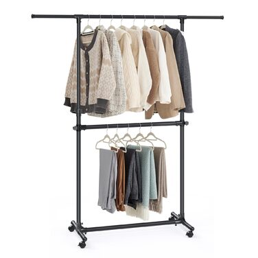Вішалка для одягу SONGMICS LLR401B01 з 2 штангами, чорна, на колесах, регульована висота 113-180 см