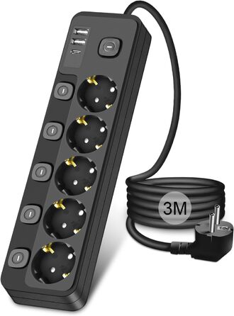 Мережевий фільтр 5-портовий з USB-A та USB-C, з індивідуальним вимикачем, захист від перенапруги, для дому та офісу (3M)