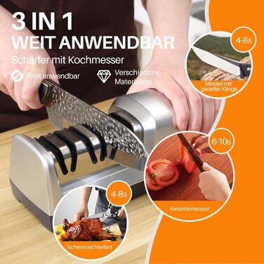 Електричний точило для ножів 15 градусів 3-в-1 для м'яса та овочів, професійний, для грубого, тонкого шліфування та полірування кухонних ножів (включно з кухонними ножами)