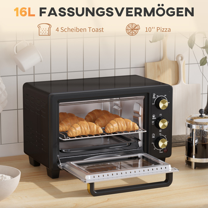 HOMCOM 16L Mini Oven 1400W Mini Oven 100-230℃ 60 Min. Timer, with Grill Rack and Baking Tray, Pizza Oven with Tray Handle, Crumb Tray Black | Aosom