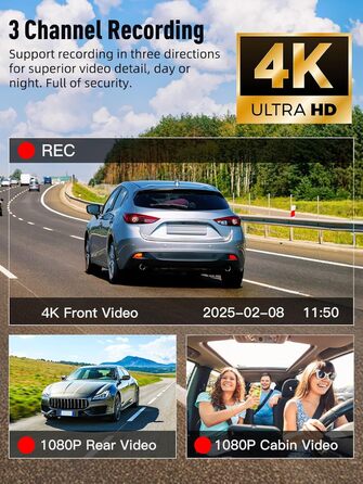 Автомобільний відеореєстратор 3-в-1 (передній, внутрішній та задній), 4K+1080P+1080P, 5GHz WiFi, IPS екран 3.16